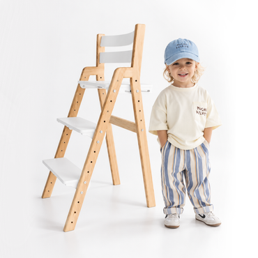 Adjustable Wooden Counter Height Chair for Toddlers XL V2 – Natural Color (W1) with White